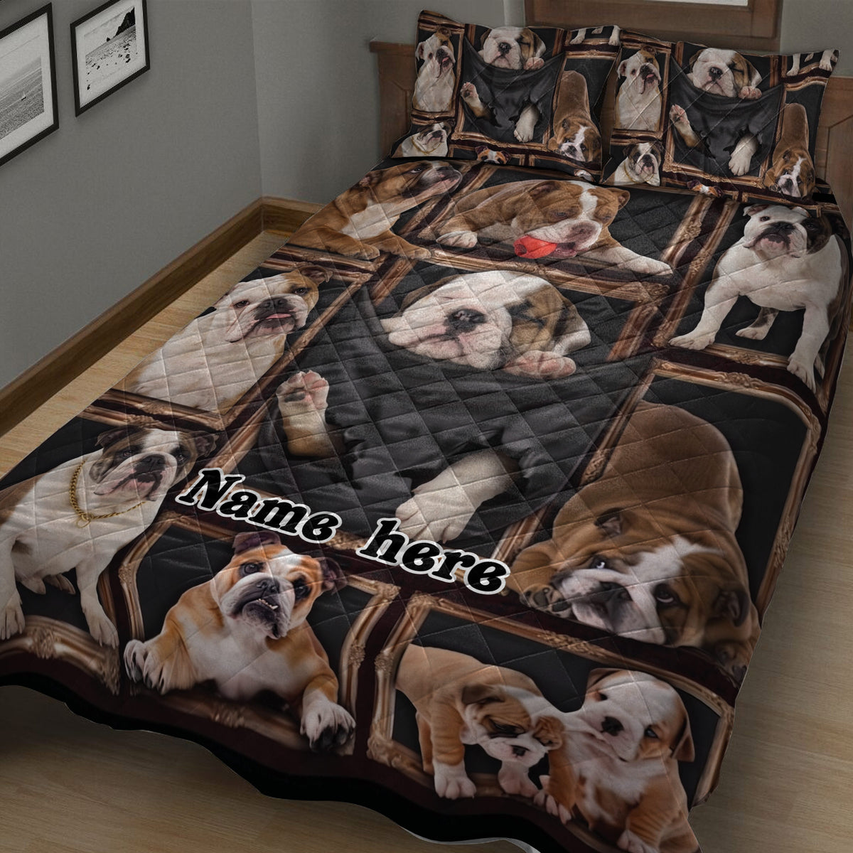 Close bedroom view of an English Bulldog quilt blanket featuring playful bulldog portraits in decorative frames