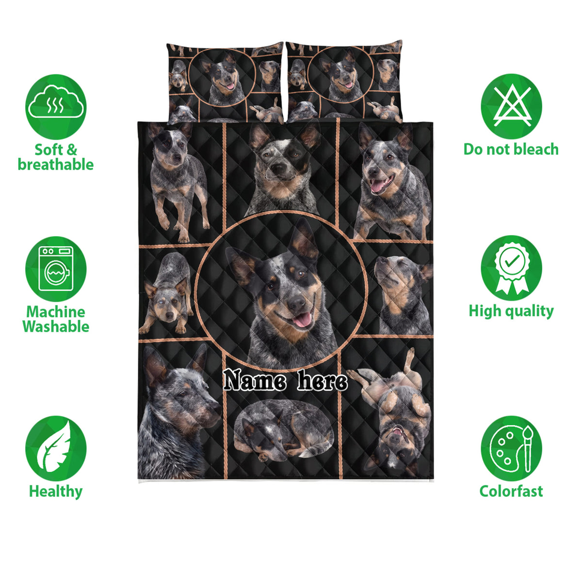 Australian Cattle Dog quilt bedding set shown front-facing with coordinated dog portrait artwork