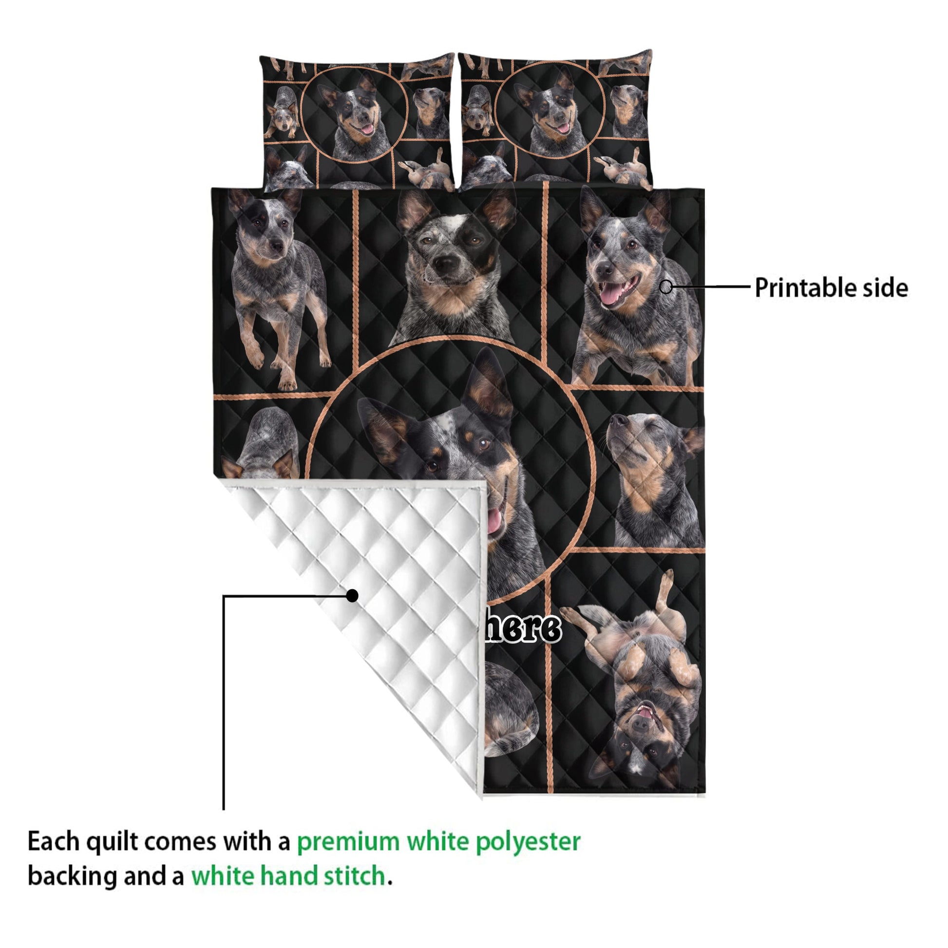 Australian Cattle Dog quilt blanket detail showing the printed front and white quilted backing