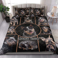 Australian Cattle Dog quilt blanket styled in a bright bedroom with matching dog portrait pillowcases