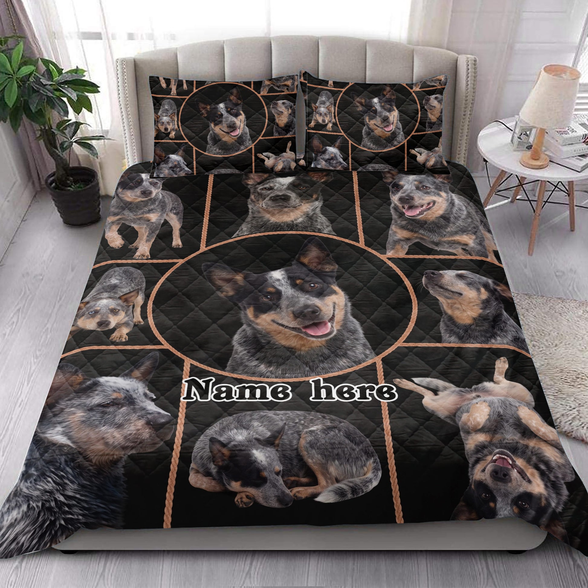 Australian Cattle Dog quilt blanket styled in a bright bedroom with matching dog portrait pillowcases