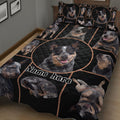 Black Australian Cattle Dog quilt blanket displayed on a bed with rustic geometric framing