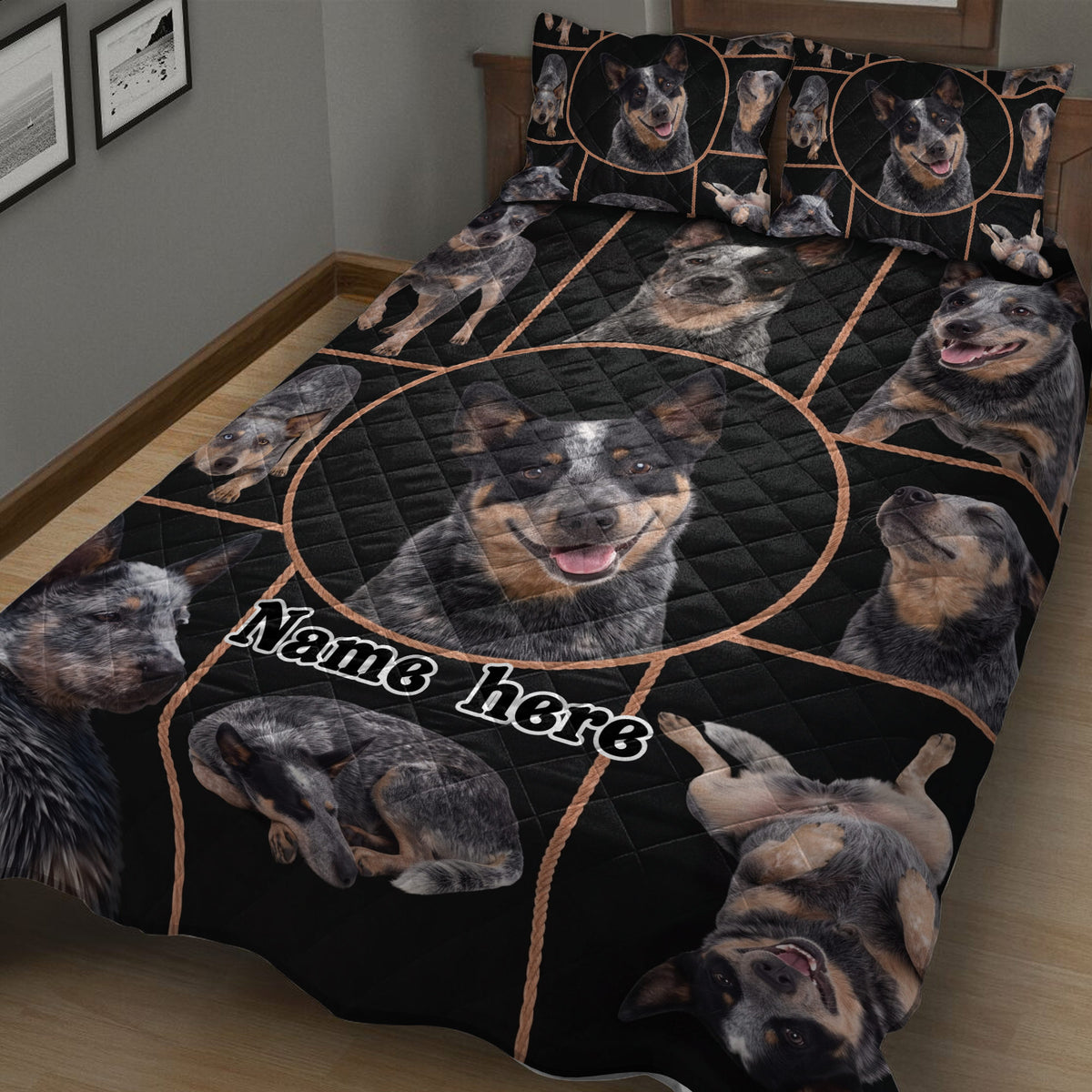 Black Australian Cattle Dog quilt blanket displayed on a bed with rustic geometric framing