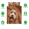 Goldendoodle quilt bedding set shown with matching dog portrait artwork and care feature icons