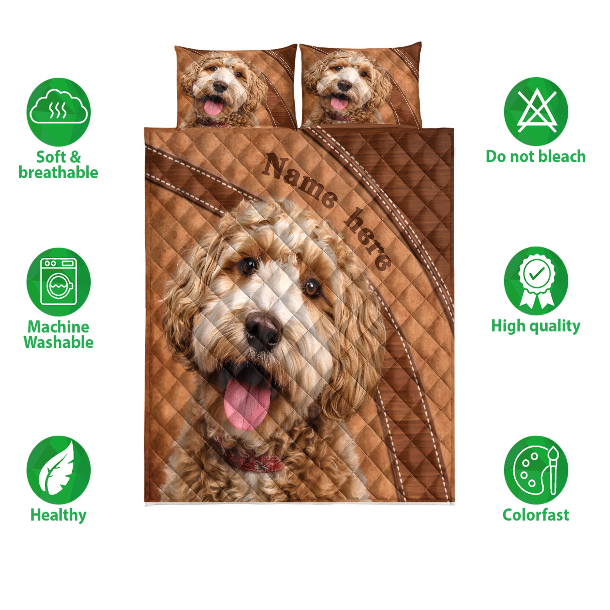 Goldendoodle quilt bedding set shown with matching dog portrait artwork and care feature icons