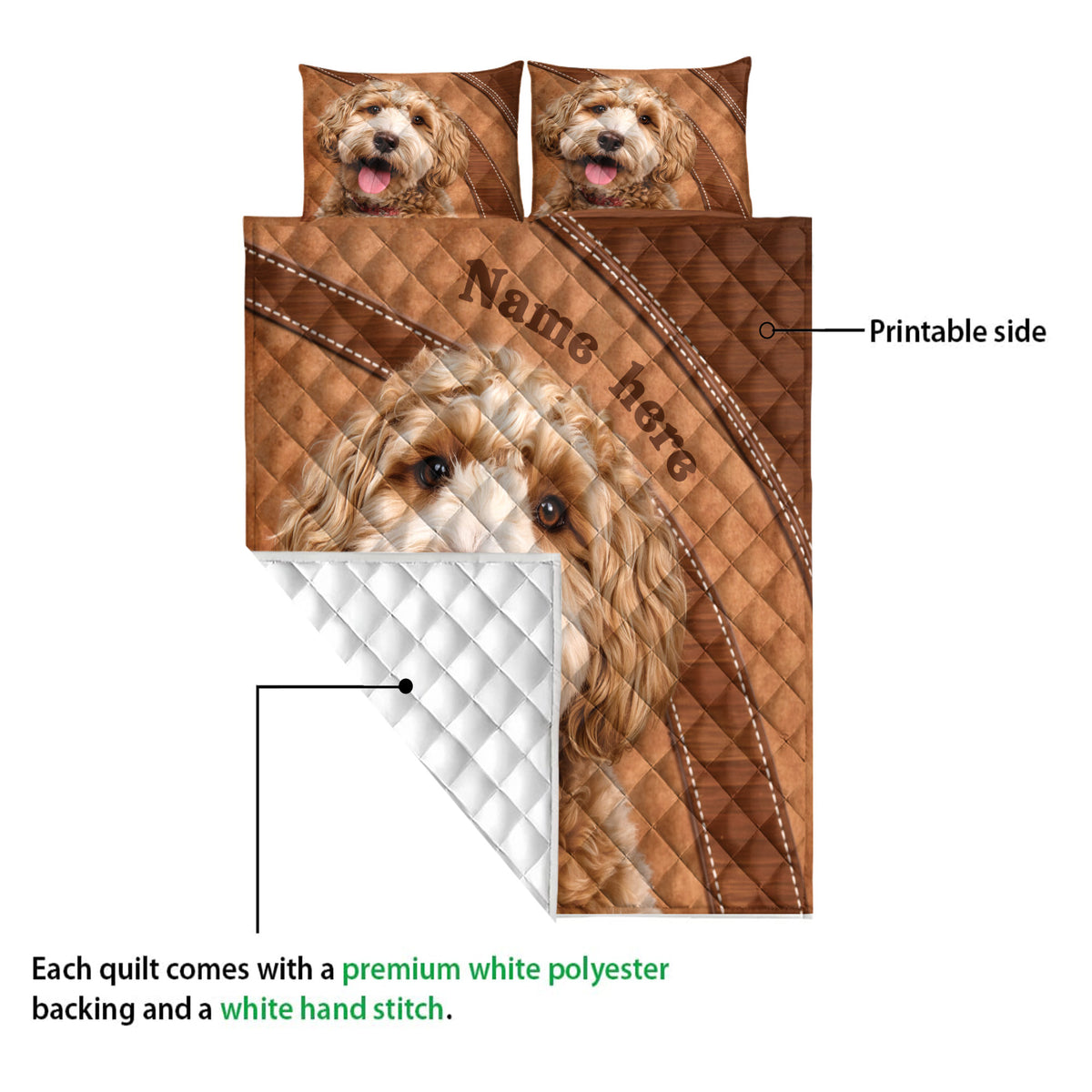 Goldendoodle quilt showing the printed front design and white quilted backing detail