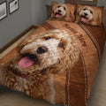 Close view of a brown Goldendoodle quilt blanket with expressive dog portrait design