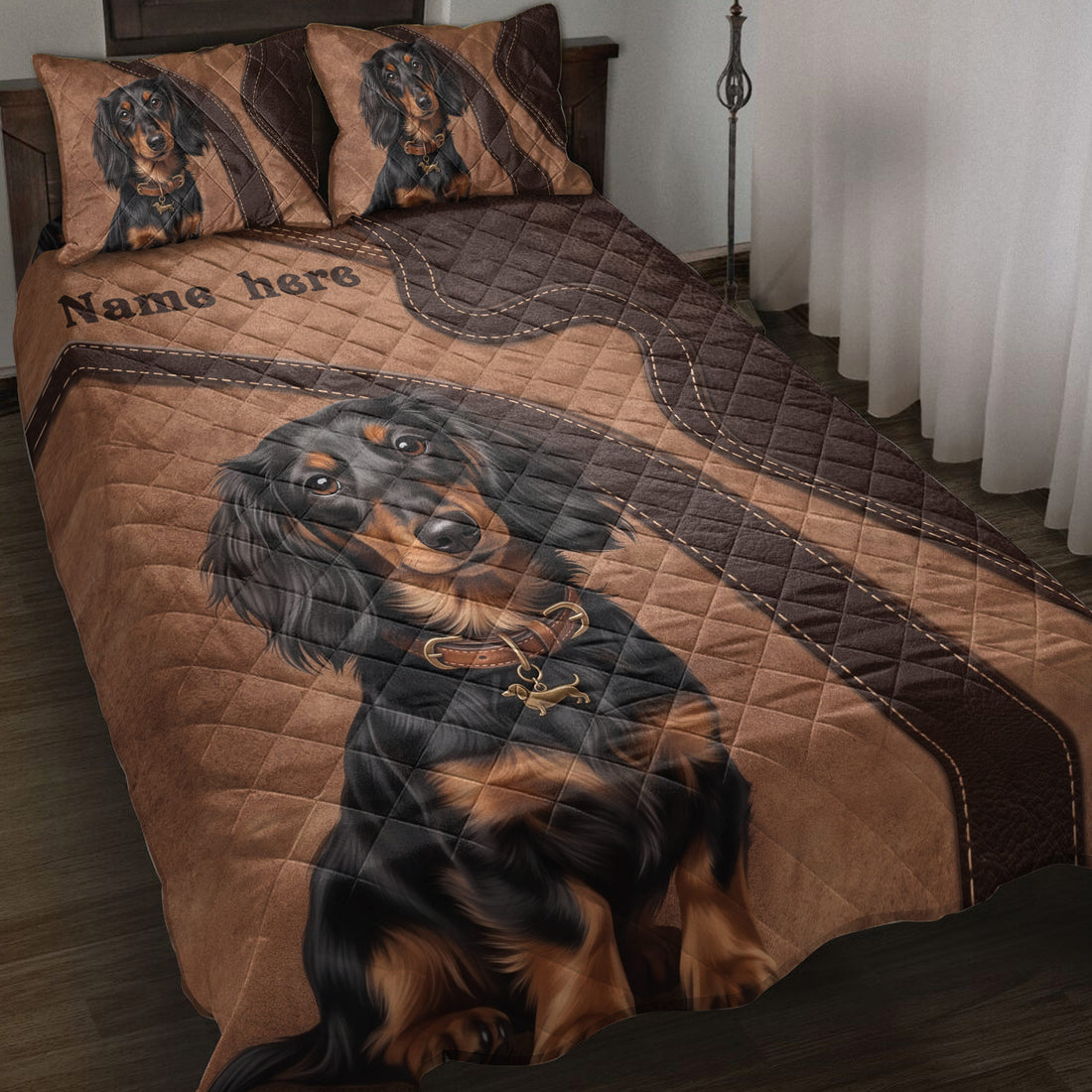 Dachshund quilt blanket displayed on a bed with black and tan dogs and brown leather-style patchwork