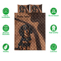 Dachshund quilt bedding set shown with black and tan dog artwork and product feature icons