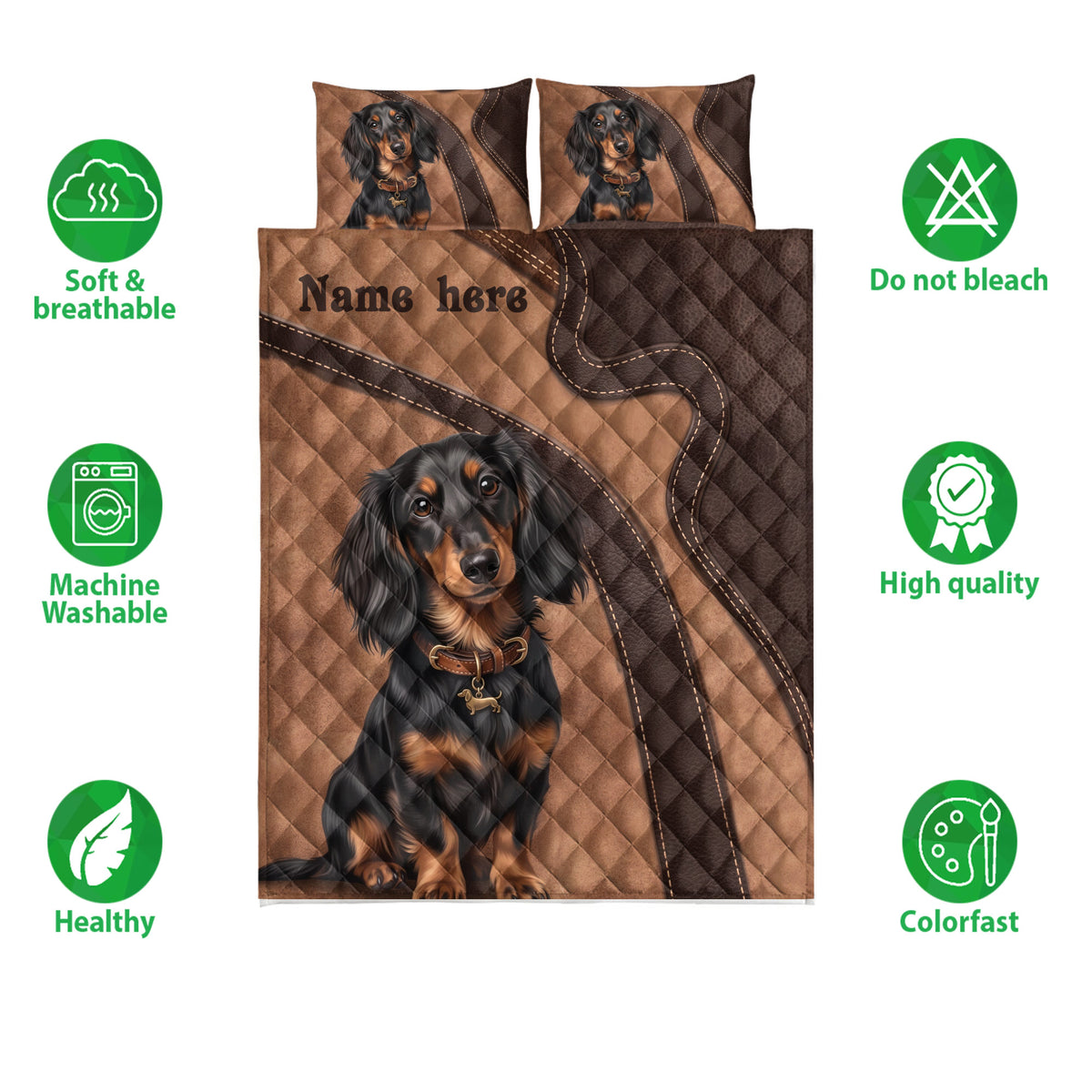 Dachshund quilt bedding set shown with black and tan dog artwork and product feature icons