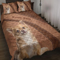 Brown Chihuahua quilt blanket styled on a bed with large dog portraits and stitched leather-look accents