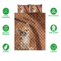Chihuahua quilt bedding design shown with soft breathable and washable care feature icons