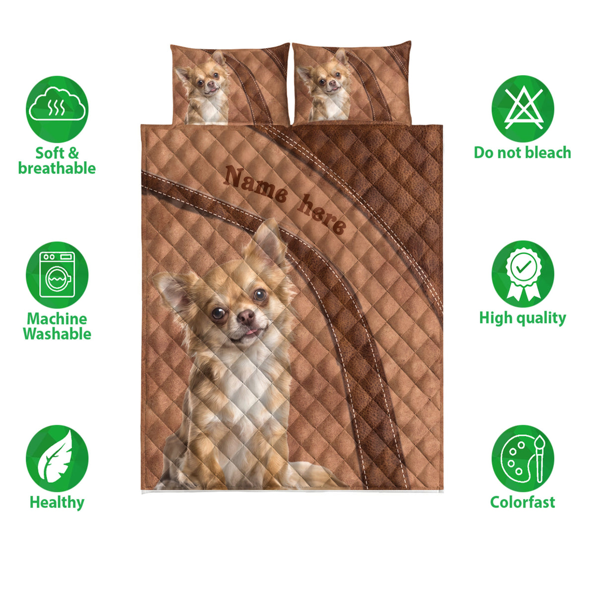 Chihuahua quilt bedding design shown with soft breathable and washable care feature icons