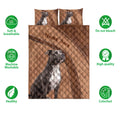 American Staffordshire dog quilt bedding set displayed with matching pillow artwork and product feature icons