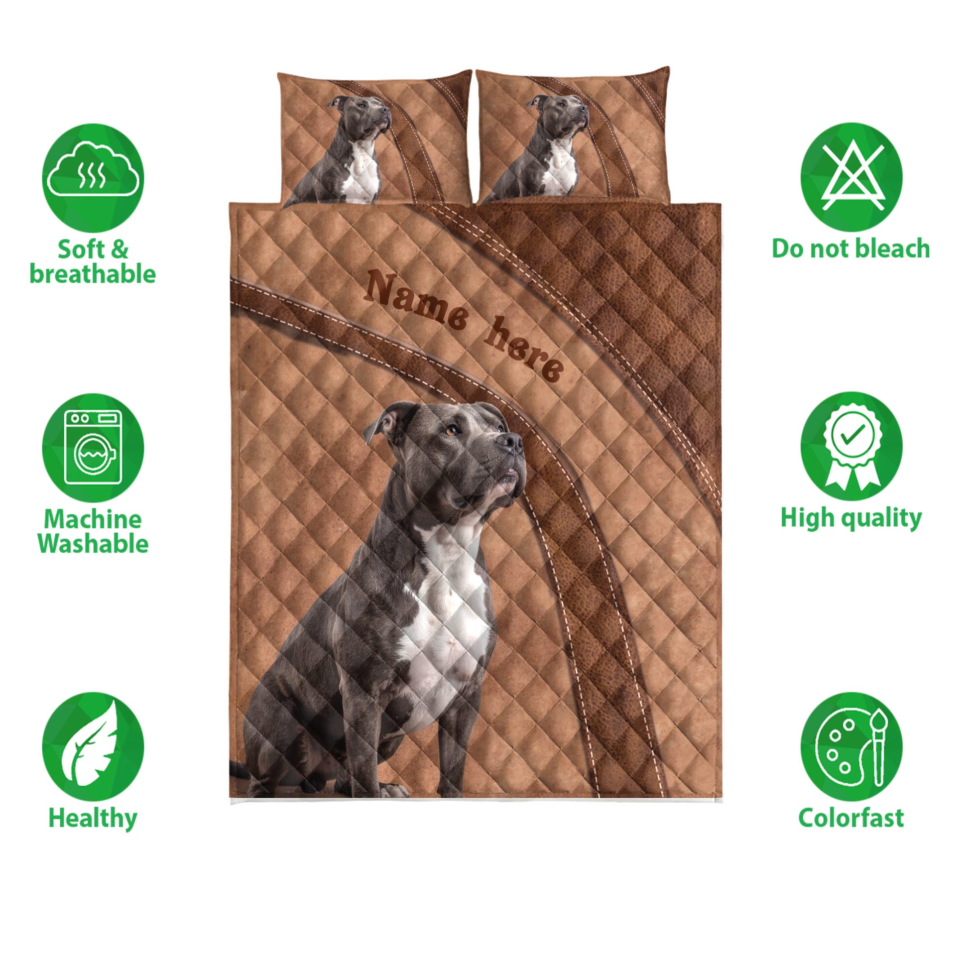American Staffordshire dog quilt bedding set displayed with matching pillow artwork and product feature icons