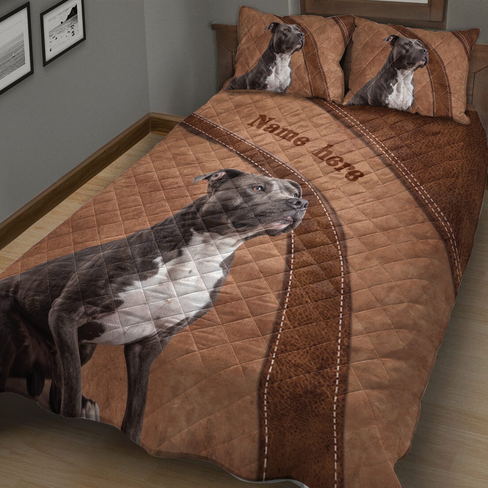 Close bedroom view of an American Staffordshire dog quilt blanket with brown quilted and leather-inspired design
