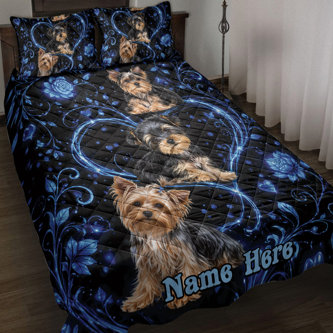 Yorkshire Terrier quilt blanket displayed on a bed with blue hearts, roses, and swirling floral artwork