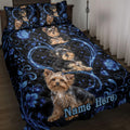 Yorkshire Terrier quilt blanket displayed on a bed with blue hearts, roses, and swirling floral artwork