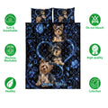 Yorkshire Terrier quilt bedding set shown with blue floral artwork and soft, breathable care icons