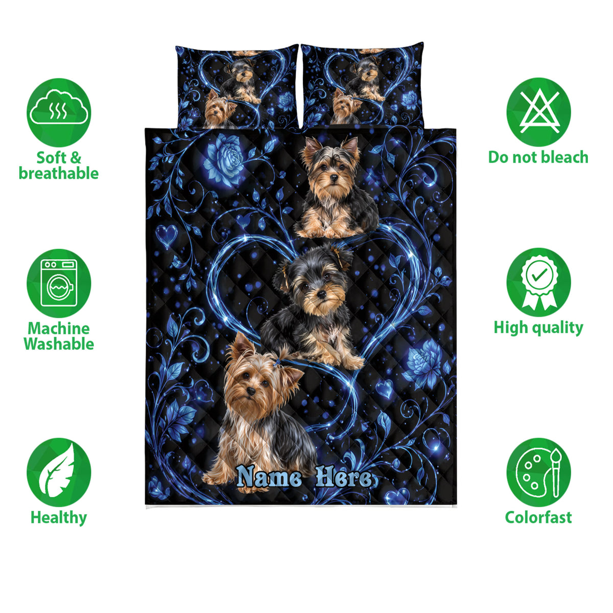 Yorkshire Terrier quilt bedding set shown with blue floral artwork and soft, breathable care icons