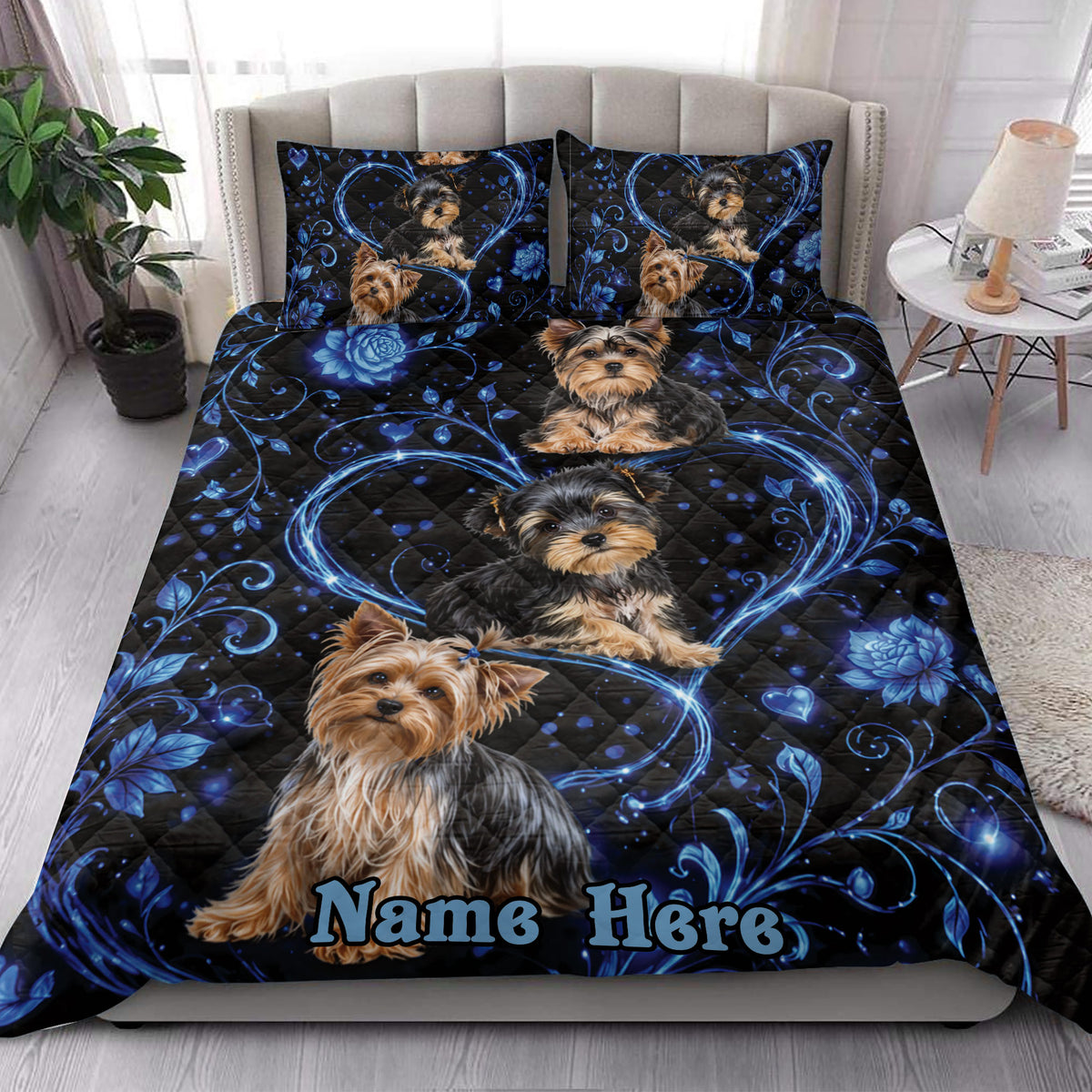 Yorkshire Terrier quilt bedding styled in a bright bedroom with blue floral hearts and dog artwork