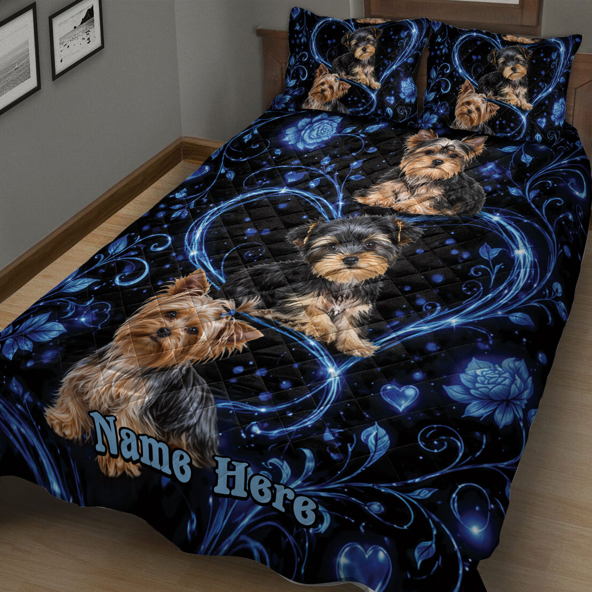 Yorkshire Terrier quilt blanket displayed on a bed with multiple dogs and dramatic blue floral details