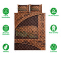Camping quilt bedding set with RV and mountain artwork shown alongside soft, breathable, washable, and colorfast icons