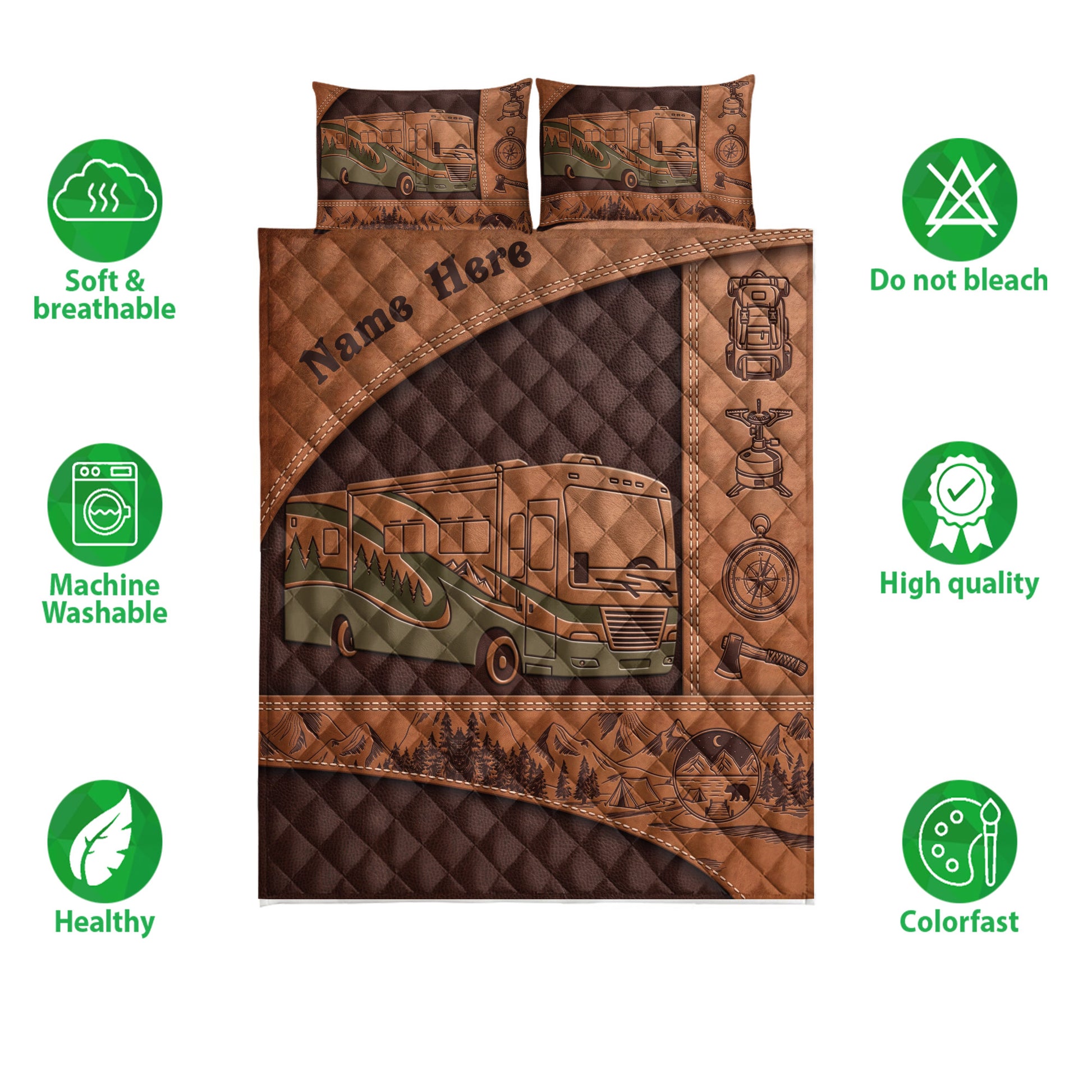 Camping quilt bedding set with RV and mountain artwork shown alongside soft, breathable, washable, and colorfast icons
