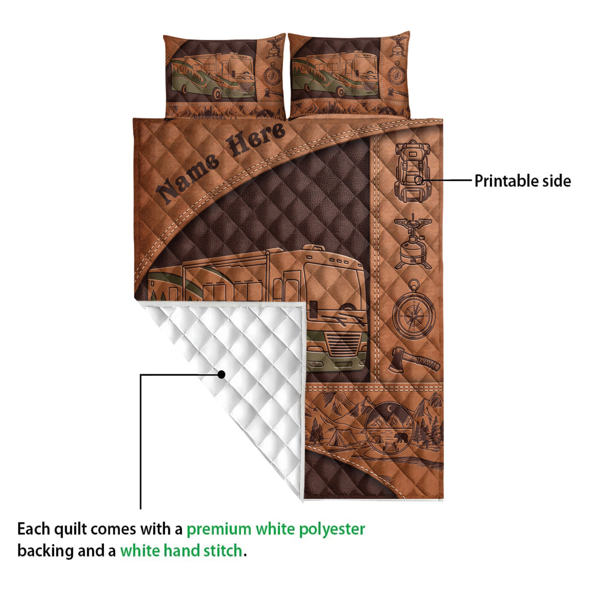 Camping quilt showing the printed front and white quilted backing with RV, compass, mountains, and camping artwork