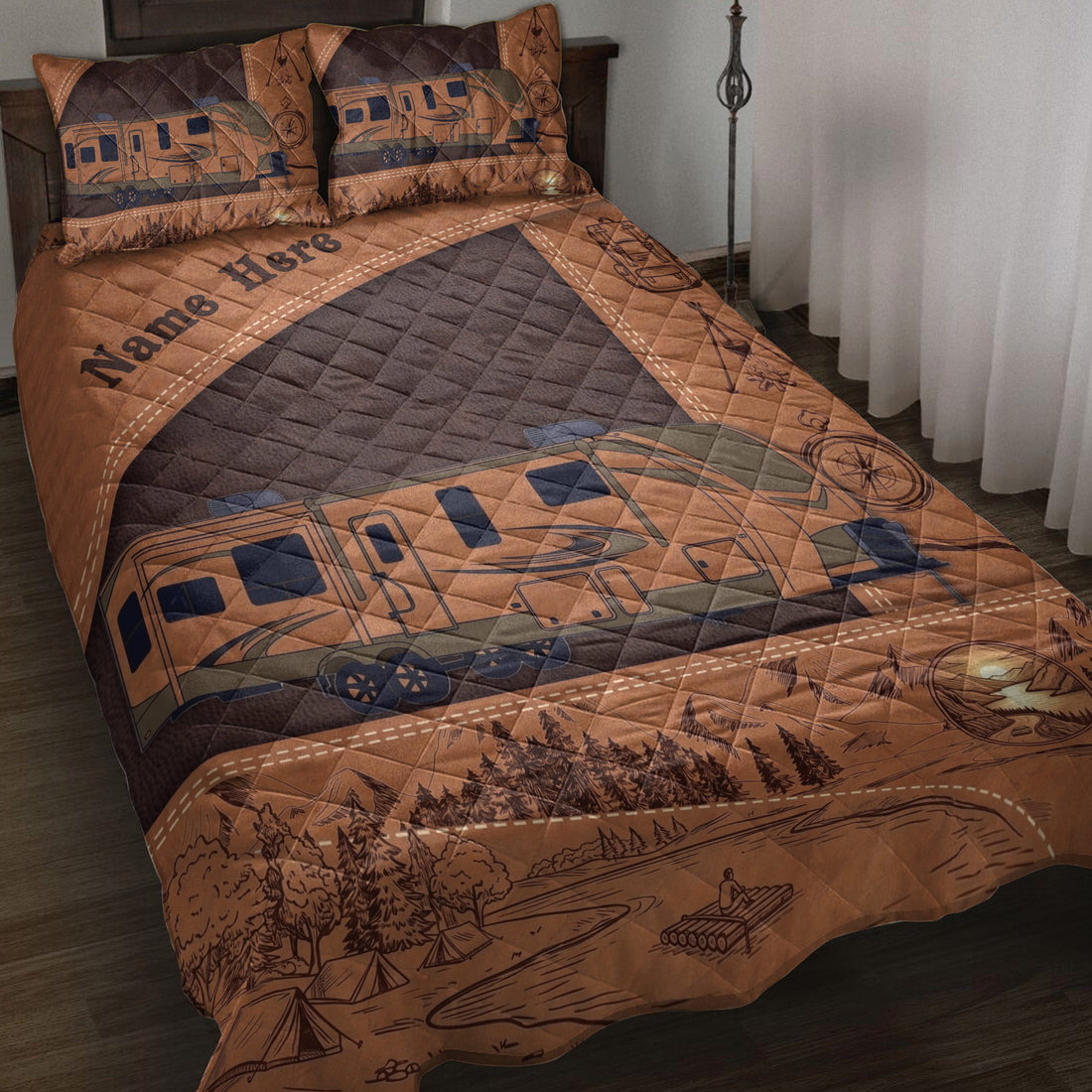 Camping quilt blanket displayed on a bed with RV, mountain, forest, tent, compass, and outdoor adventure artwork