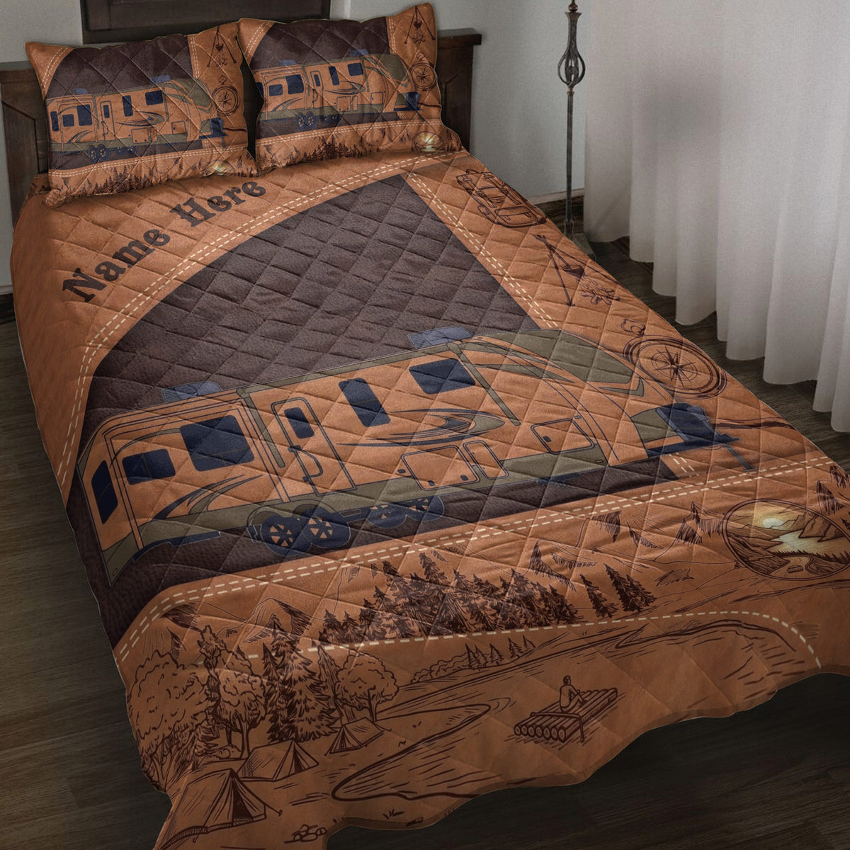 Camping quilt blanket displayed on a bed with RV, mountain, forest, tent, compass, and outdoor adventure artwork