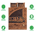 Camping quilt bedding set featuring an RV, mountain landscape, tents, forest scenes, and warm brown outdoor artwork