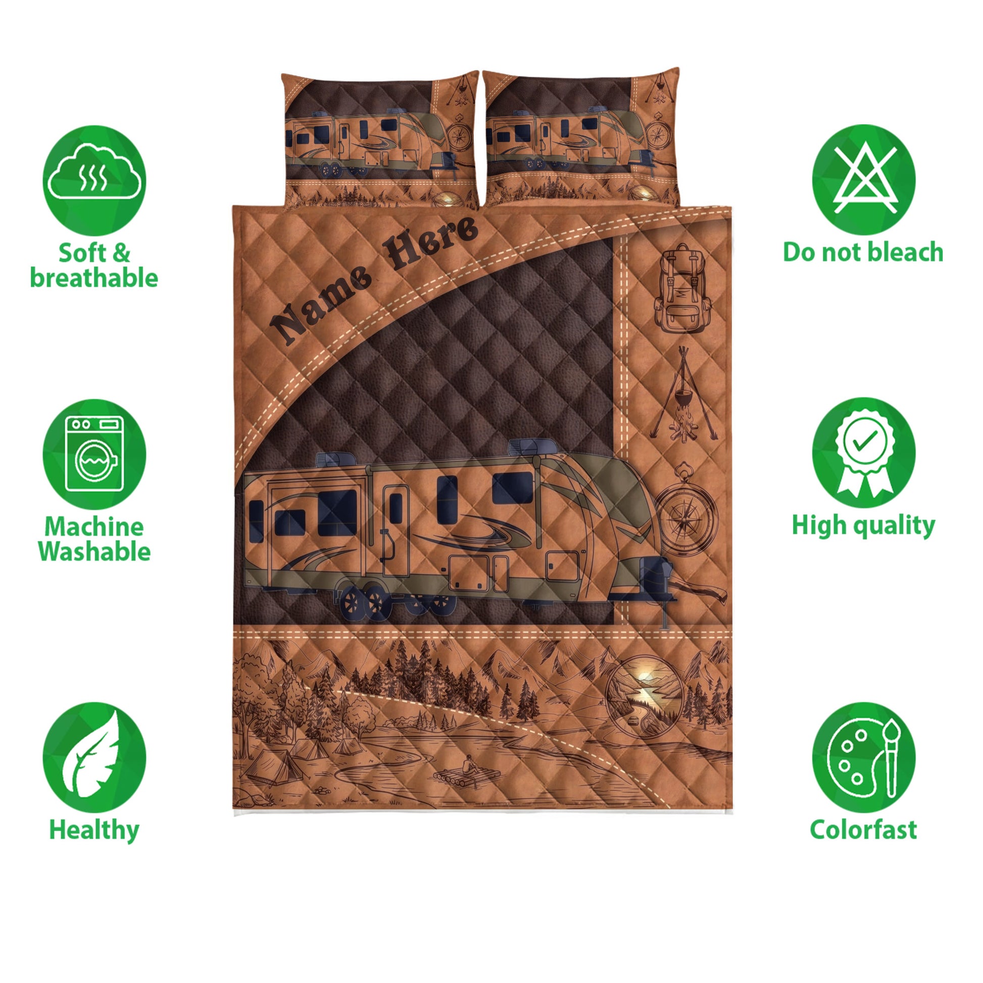 Camping quilt bedding set featuring an RV, mountain landscape, tents, forest scenes, and warm brown outdoor artwork