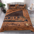 Camping quilt blanket styled in a bedroom with RV travel, mountain, forest, lake, and tent adventure illustrations