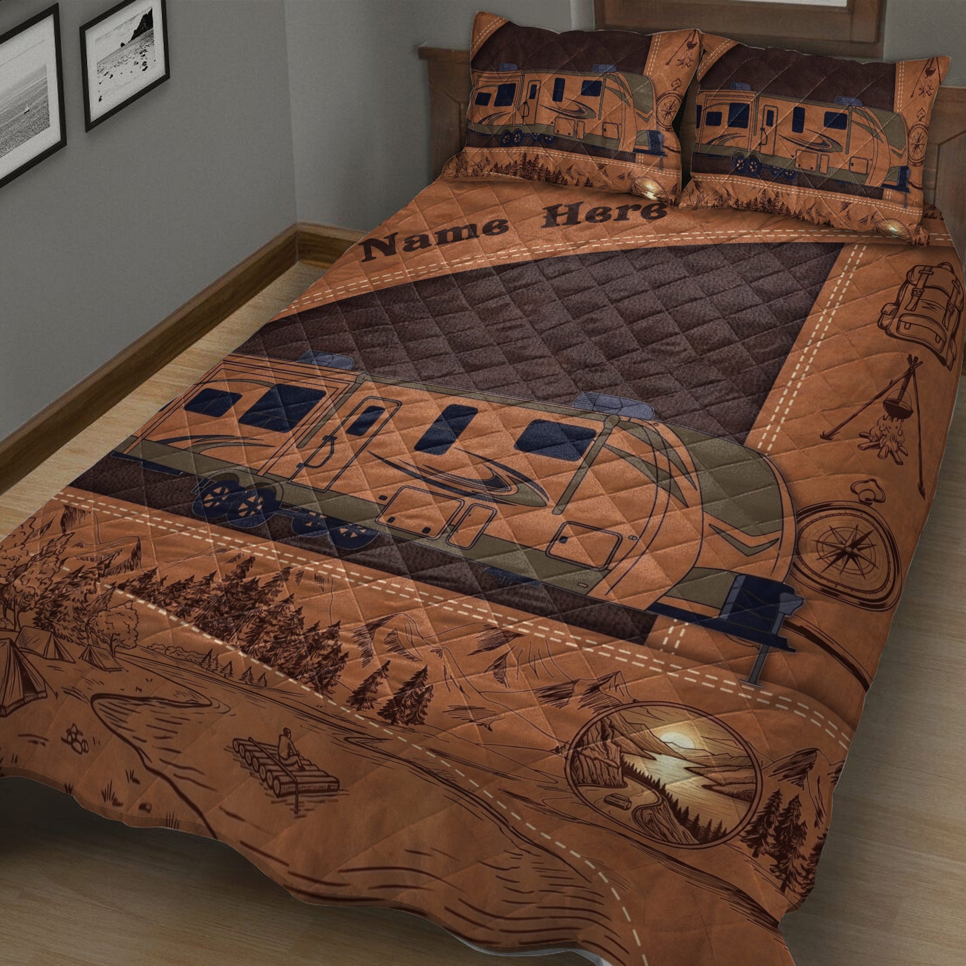 Rustic camping quilt blanket on a bed with RV, compass, backpack, mountain, forest, lake, and tent artwork