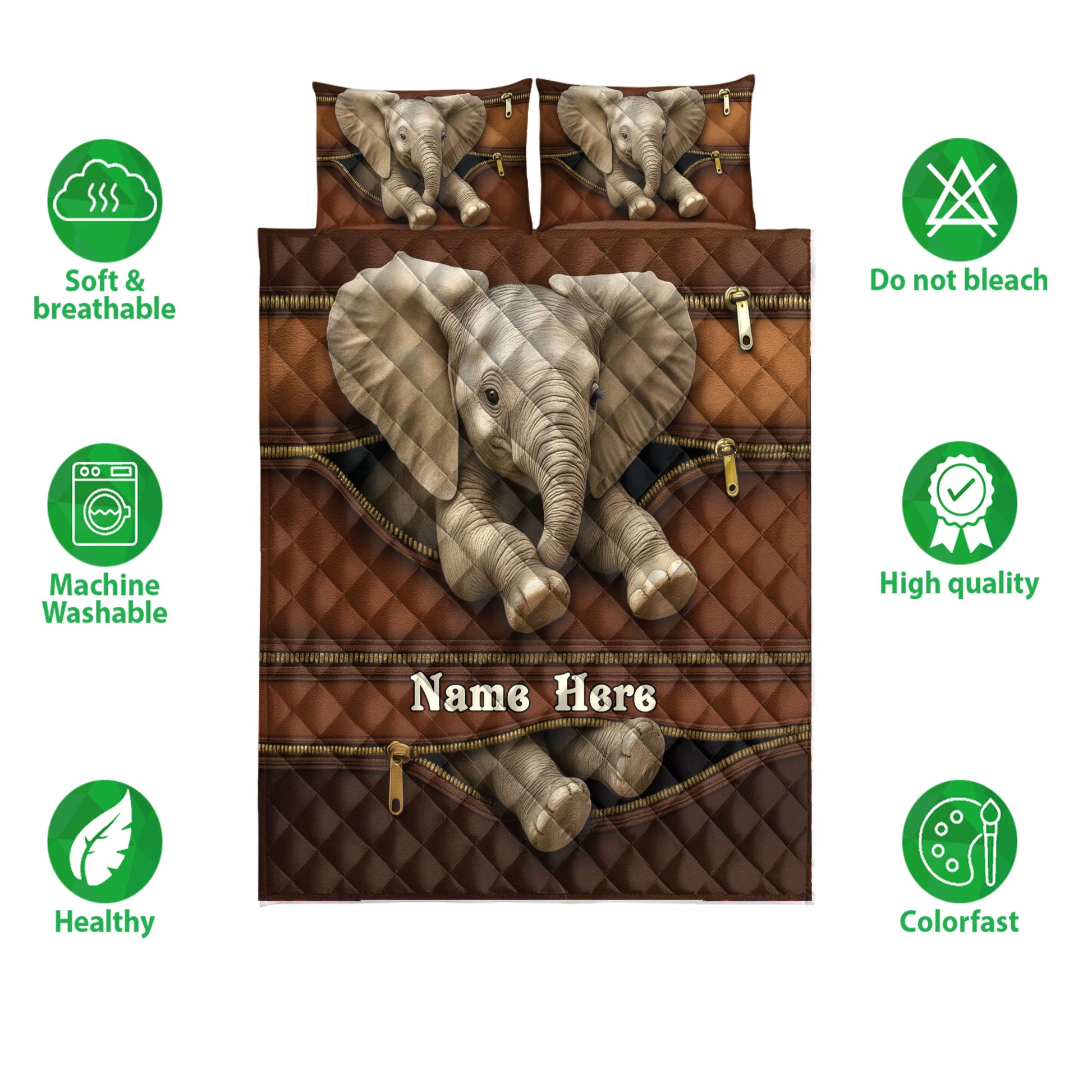 Elephant quilt bedding set shown flat with large elephant artwork, brown tones, and matching pillows