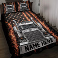 Trucker quilt blanket featuring a detailed semi truck surrounded by flames and star accents on a bed