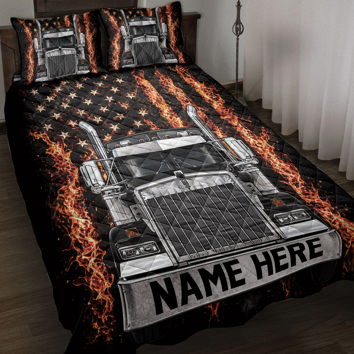 Trucker quilt blanket featuring a detailed semi truck surrounded by flames and star accents on a bed