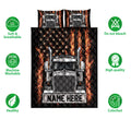 Full trucker quilt bedding set layout with semi truck artwork, fiery black background, and pillowcase options
