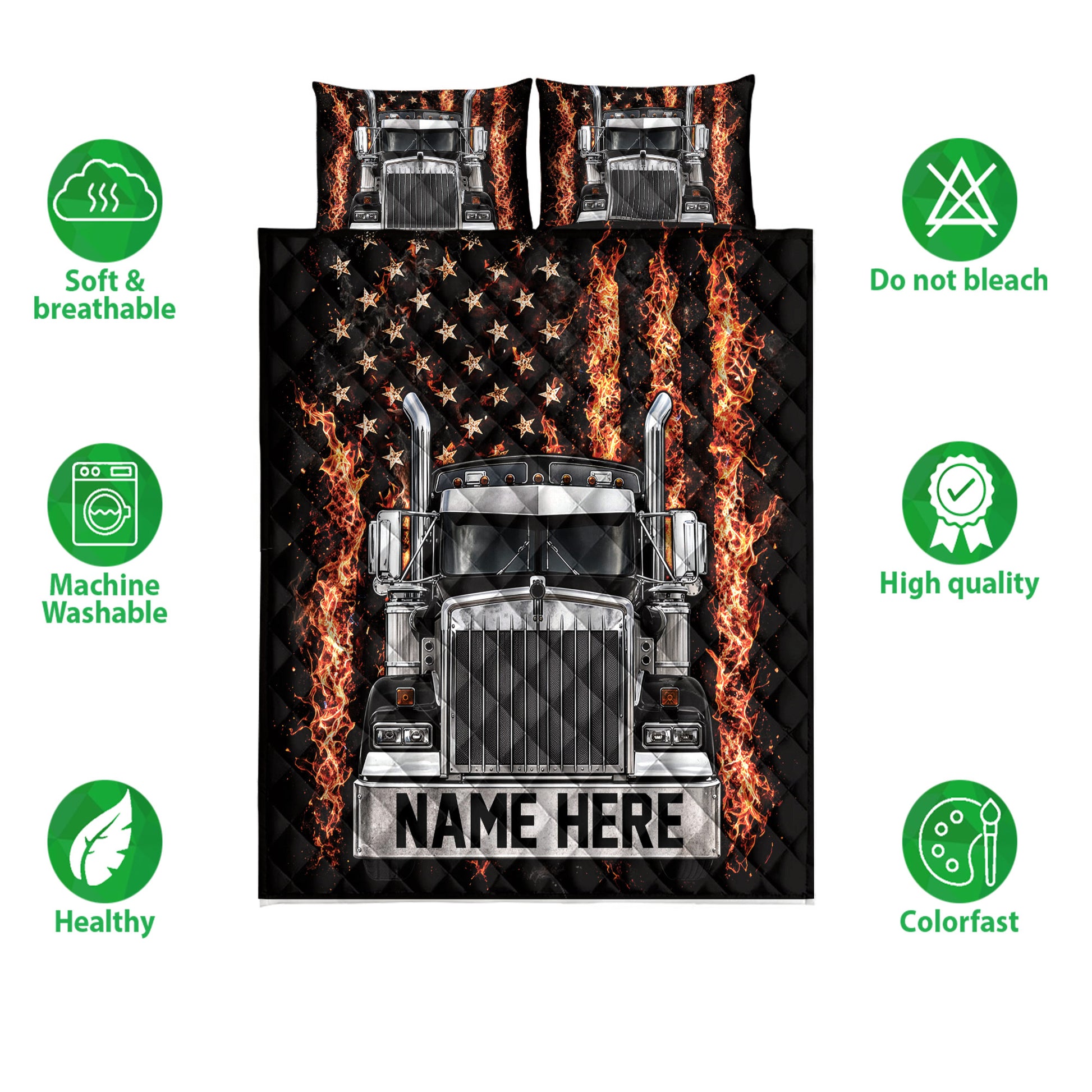 Full trucker quilt bedding set layout with semi truck artwork, fiery black background, and pillowcase options