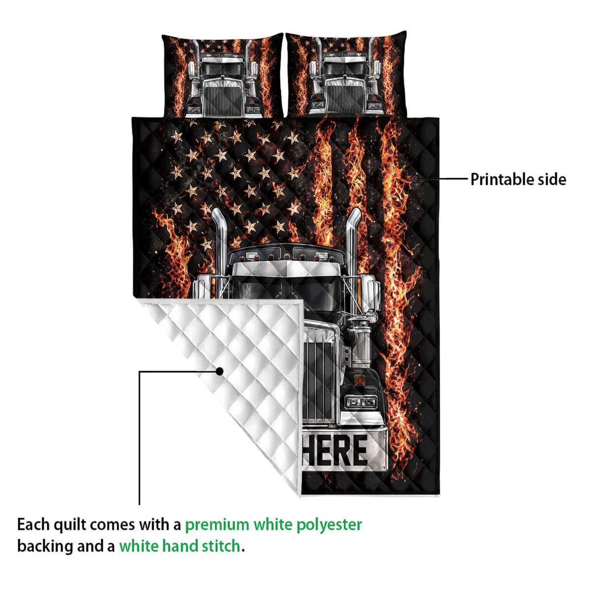 Trucker quilt blanket showing the printed front, quilted backing, and bold semi truck design detail