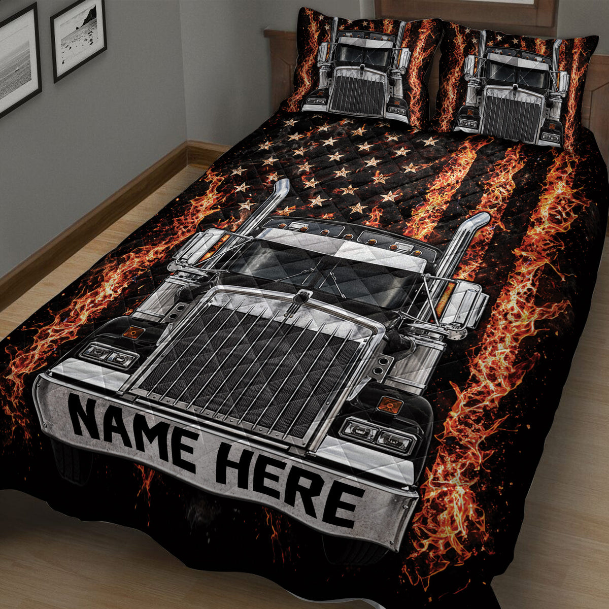 Close angled view of a fiery semi truck quilt blanket with bold black, silver, orange, and star artwork