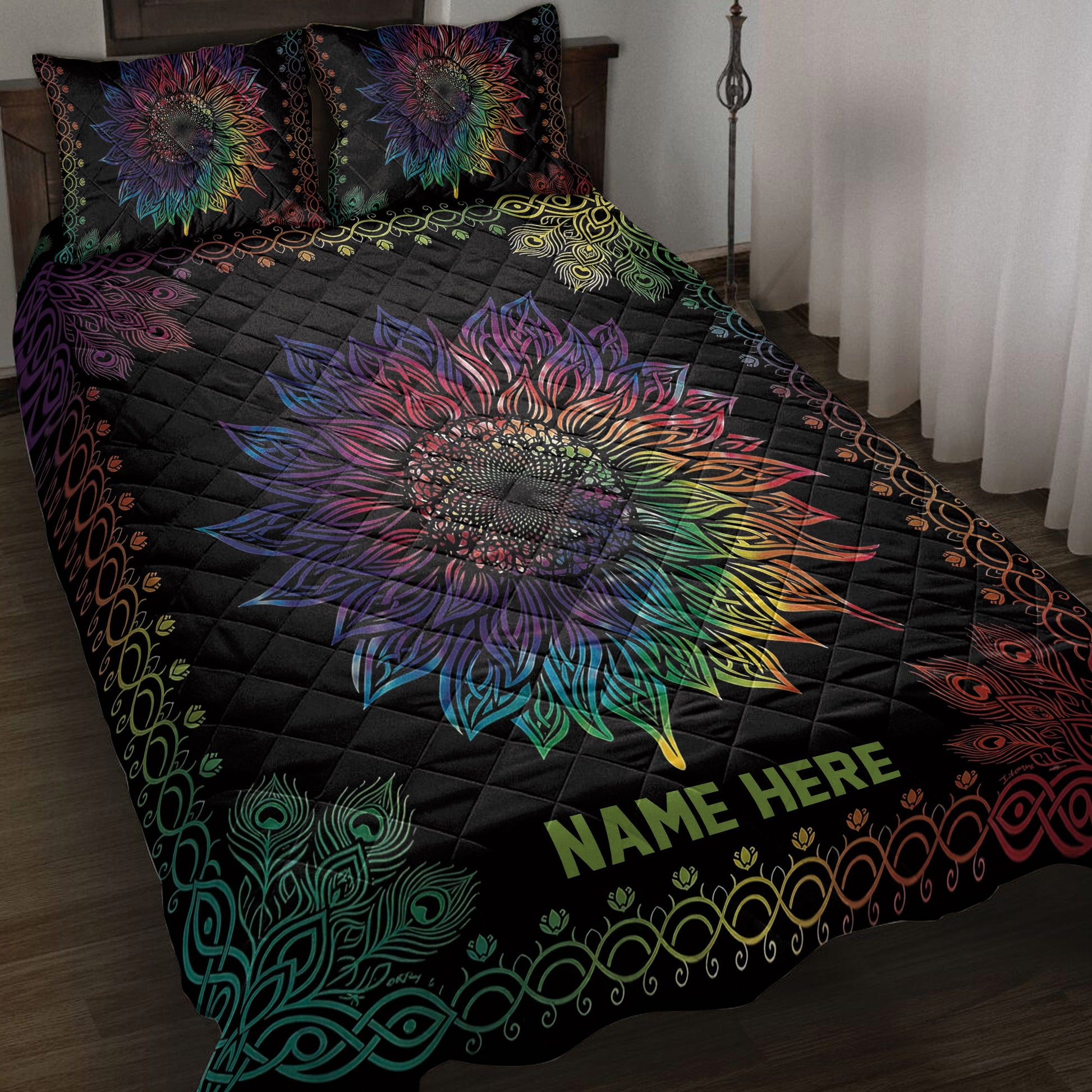 Black sunflower quilt blanket with vibrant rainbow petals, peacock feather motifs, and bedroom styling