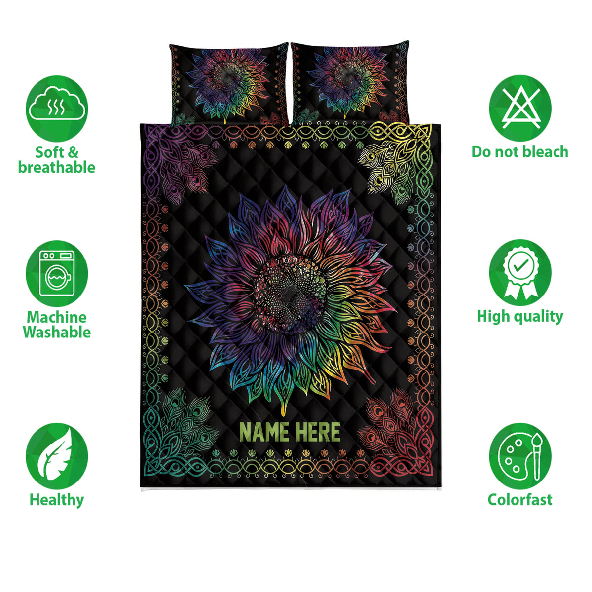 Sunflower quilt bedding set displayed flat with colorful floral artwork and black background
