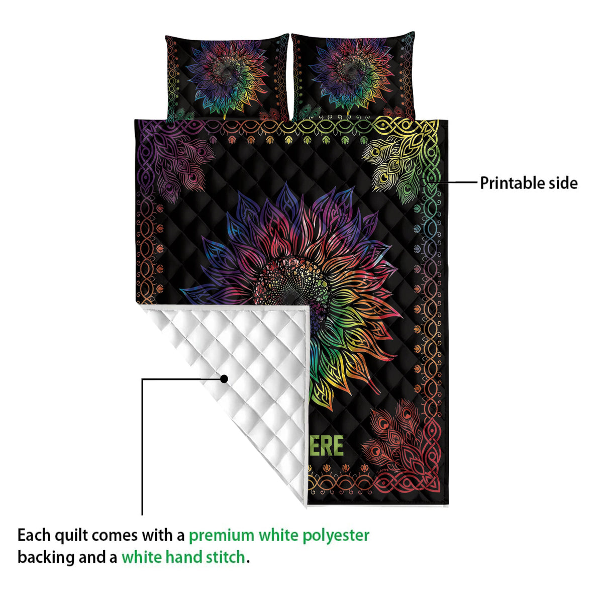 Sunflower quilt showing the vibrant printed side and white quilted backing detail