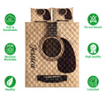Acoustic guitar quilt bedding set displayed flat with soft breathable and colorfast feature icons