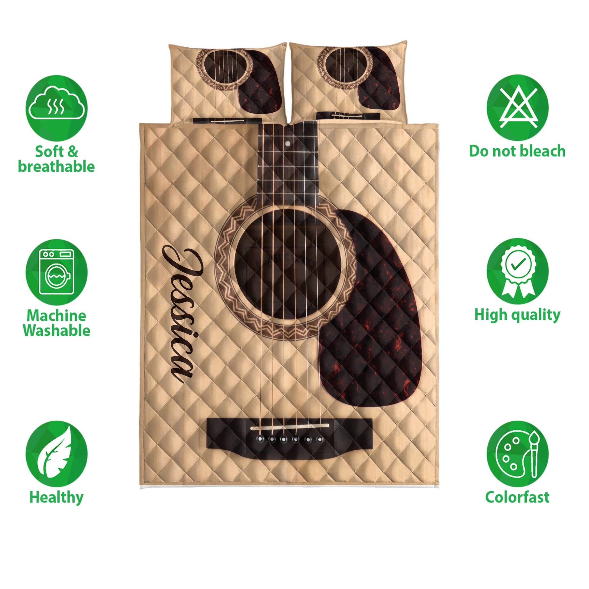 Acoustic guitar quilt bedding set displayed flat with soft breathable and colorfast feature icons