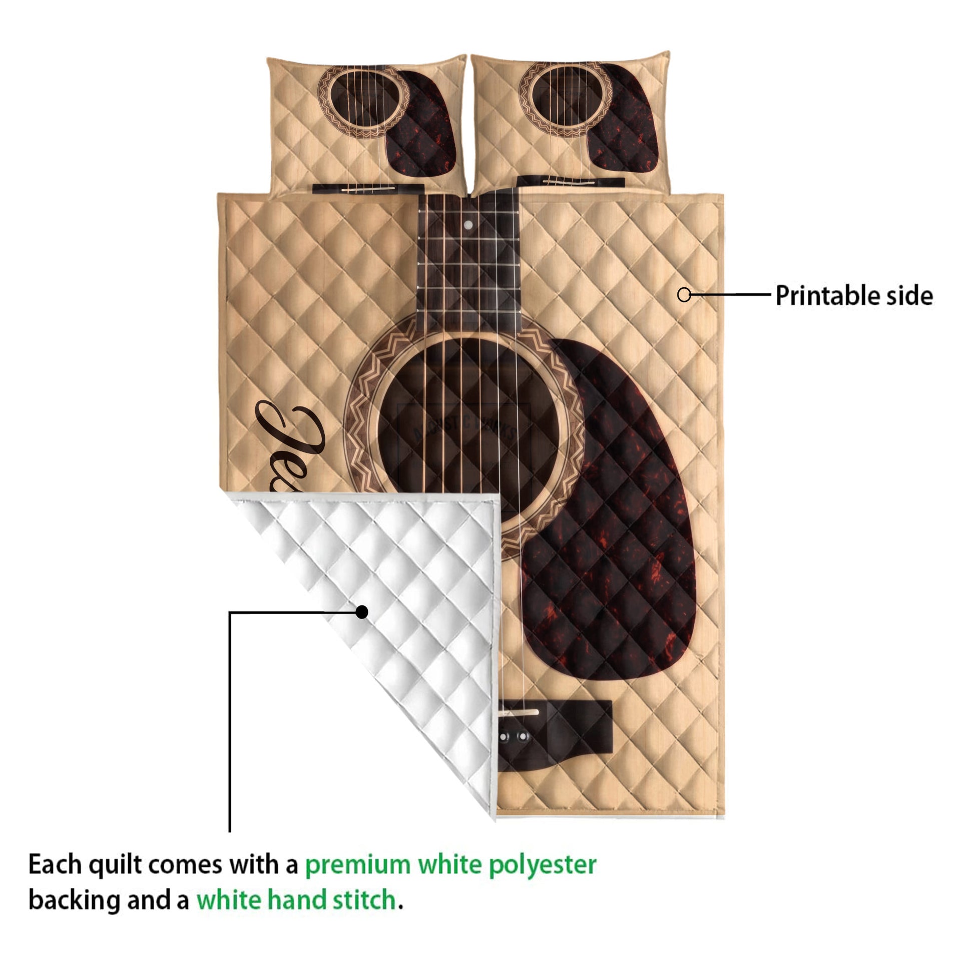 Acoustic guitar quilt showing the printed front and white quilted backing detail
