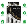 Piano quilt bedding set displayed with black and white keys, gold notes, and product feature icons