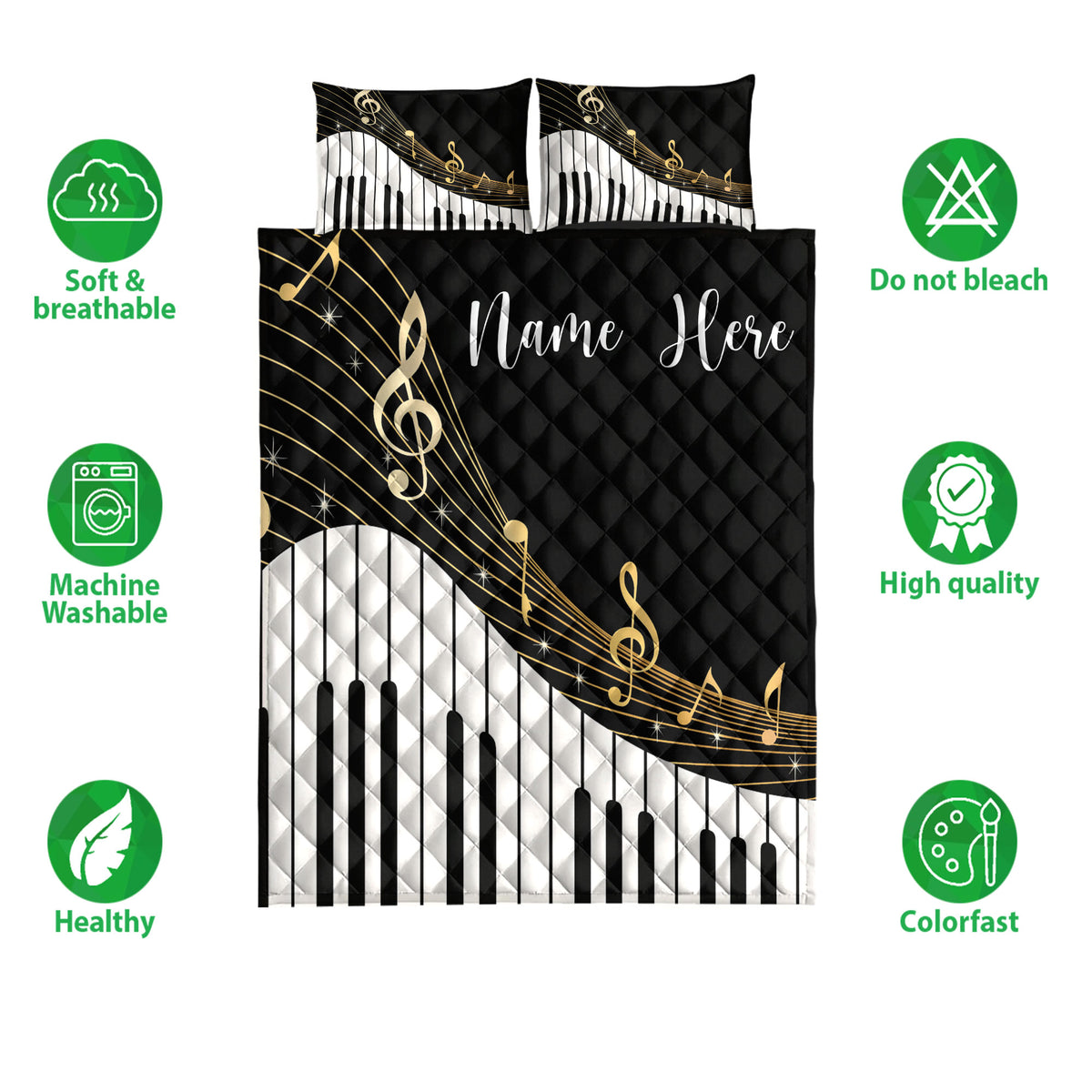 Piano quilt bedding set displayed with black and white keys, gold notes, and product feature icons